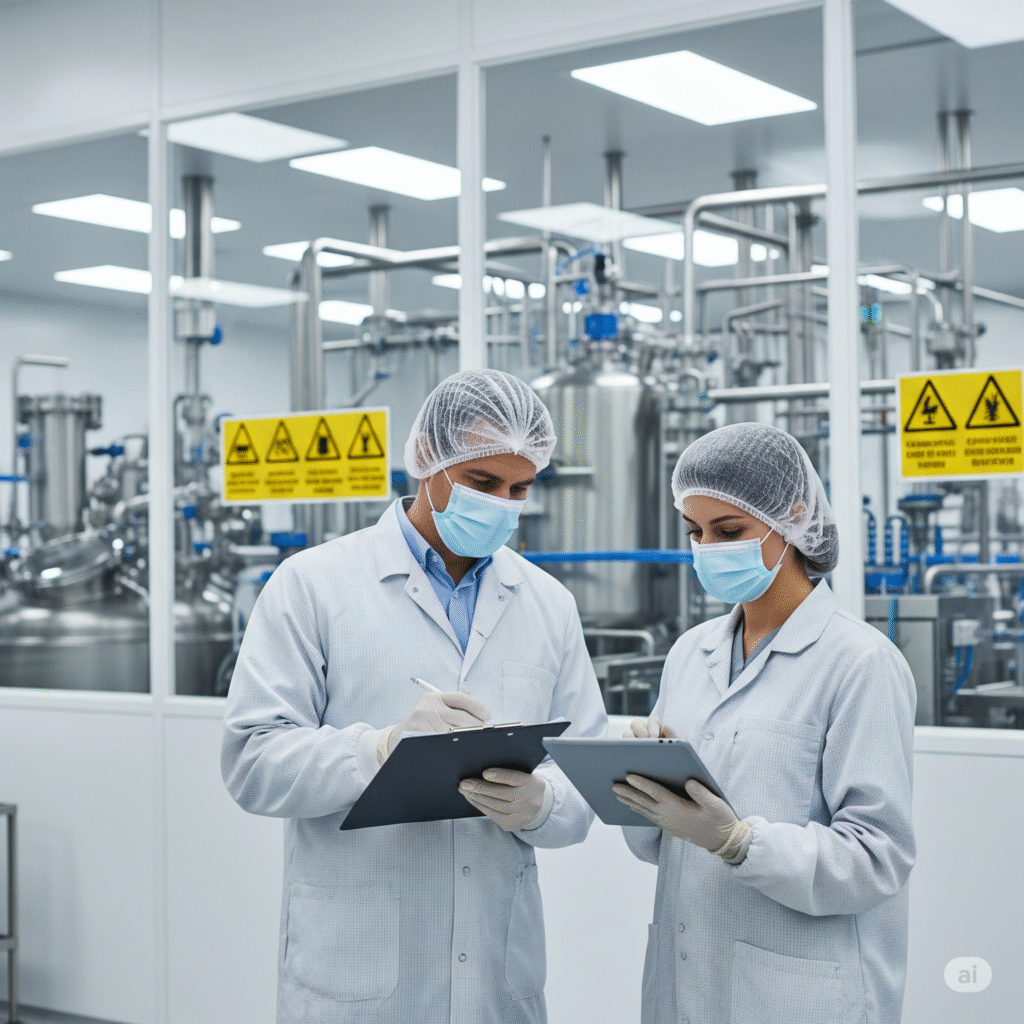 A professional scene showing two pharmaceutical auditors conducting a vendor audit in a cleanroom environment of a pharmaceutical manufacturing facility.